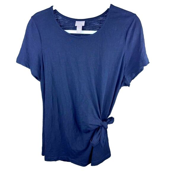 CHICOS Womens Sz 2 M Black Short Sleeve Top w/ Side Tie Cotton Blend India - Picture 1 of 7